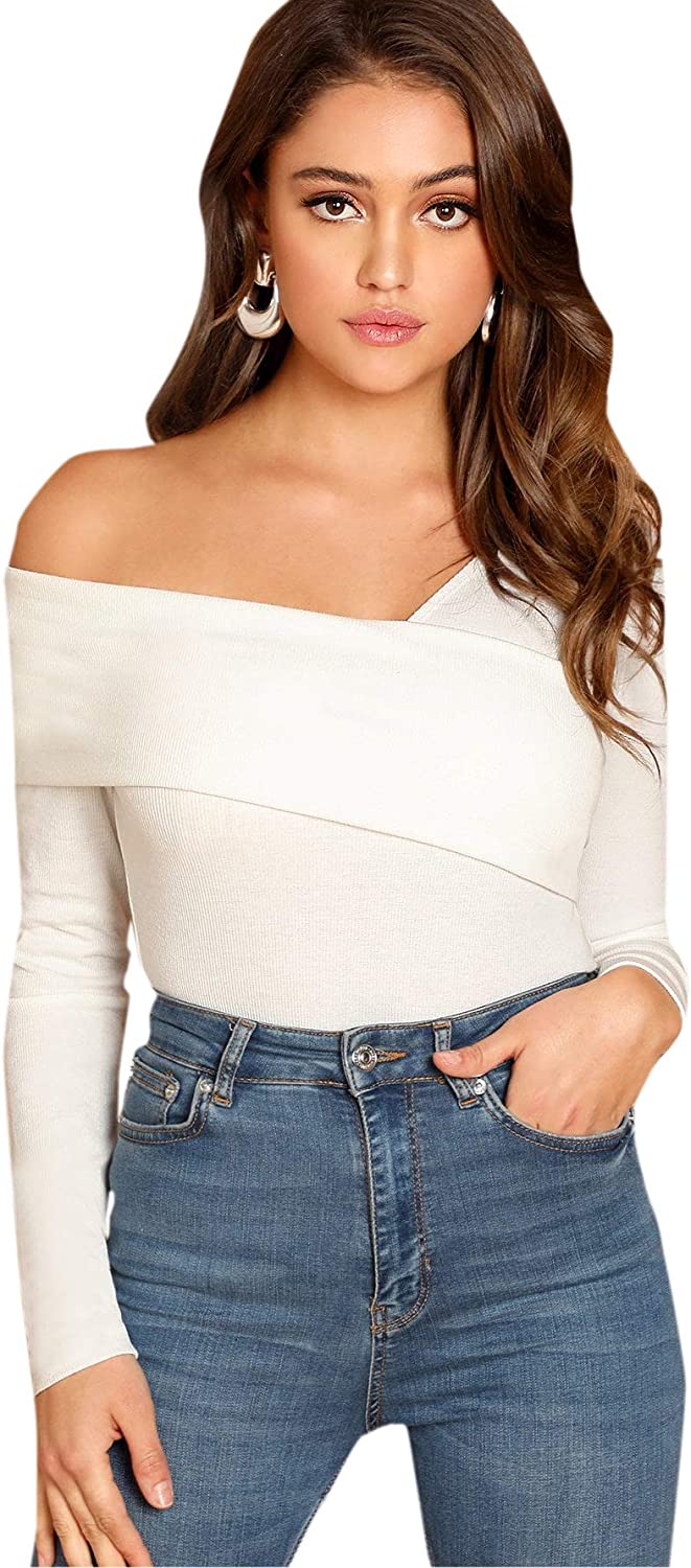 230816053409631_1 Romwe Women's Casual Cross Off Shoulder Deep V Neck Ribbed Knit Slim Wrap Tee Shirt Blouse - Image 1